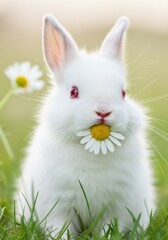 Fototapeta premium A playful bunny gently nibbling on a daisy, adding a sweet and fluffy vibe to pet backgrounds.