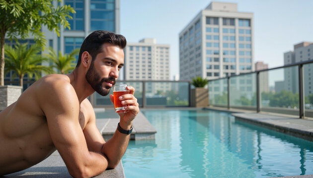 Debonair man enjoying drink by exclusive rooftop pool, city ambiance
