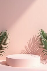 Obraz premium Elegant Display Area With Round Platform and Lush Green Tropical Leaves Against a Pastel Backdrop. Mock up for product