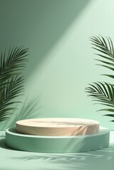 Modern Display Stand With Green Background and Tropical Leaves in Soft Sunlight. Mock up for product