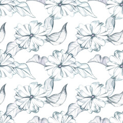 Seamless pattern with delicate white flowers and leaves. Handmade watercolor illustration. Great for textiles, wallpaper, wrapping paper, wedding backdrops and more.