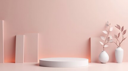Elegant Display Setup With Soft Pink Background and Minimalist Decor Elements. Mock up for product