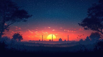 Sunset over city skyline, silhouetted trees, starry night, peaceful landscape, perfect for travel brochures