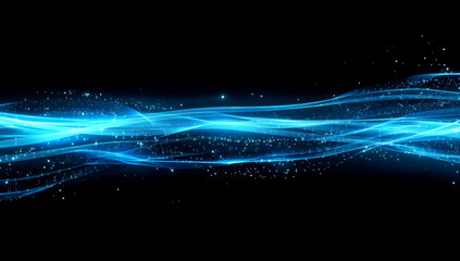 Obraz premium Vibrant blue waves illuminate the dark backdrop, showcasing a mesmerizing digital abstraction filled with glowing elements