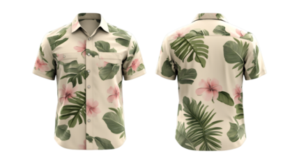 Short-sleeved hawaiian shirt with floral pattern, perfect for summer, front and back view, isolated on transparent background