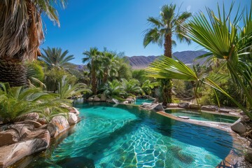 Relaxing oasis with palm trees and clear water in a tranquil desert setting under sunny blue skies
