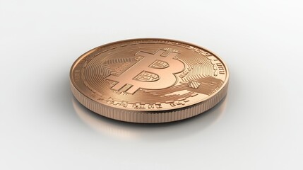 Single bitcoin coin on white surface reflecting light and textured details in close-up view
