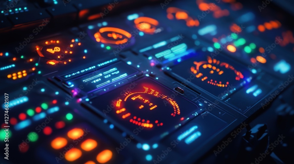 Poster complex futuristic control panel displaying various metrics and indicators, illuminated by colorful 