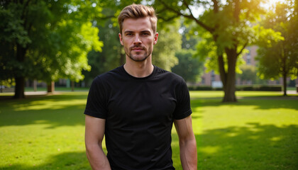 Charismatic European male posing in lush green park, urban lifestyle