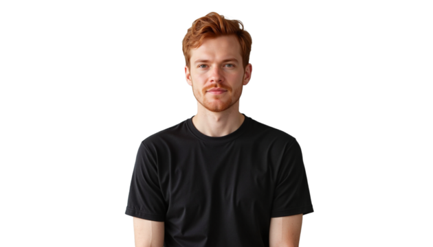 Confident young Irish man posing in a fitted black t-shirt, transparent background
