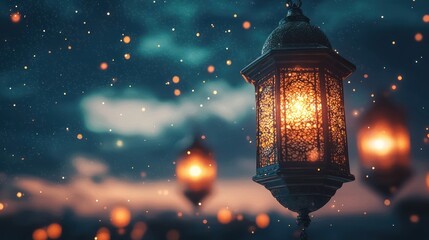 Illuminated lanterns at night, magical winter scene, festive background, ideal for holiday cards