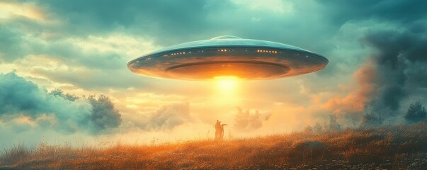 Gigantic ufo hovers above field with solitary figure at sunset in dramatic cloudscape