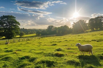 Serene landscape with grazing sheep under a bright sun in a lush green pasture during late afternoon