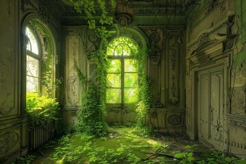Obraz premium Vibrant greenery overtakes an abandoned building, showcasing nature's reclaiming power in a forgotten space