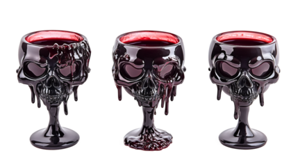 Three chalices shaped like melting skulls containing a red liquid are isolated on a transparent background, perfect for halloween projects