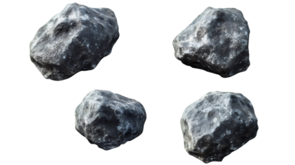 3D rendering of four gray rocks floating on a transparent background, perfect for compositing and photo manipulations