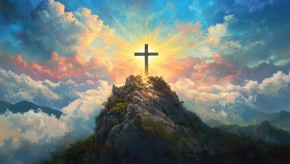 Fototapeta premium A cross with clouds and rays of light behind it, symbolizing the spiritual significance of Easter, atop a mountain Generative AI