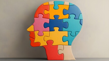 Generative design of a human silhouette constructed from multicolored puzzle pieces representing the journey to emotional balance self awareness and mental health with a futuristic touch