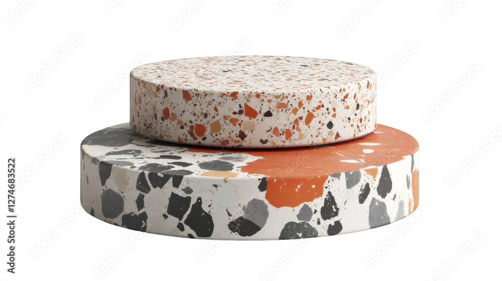 Poster Sleek terrazzo-textured round podiums presenting minimalist product display platform against clean transparent backdrop