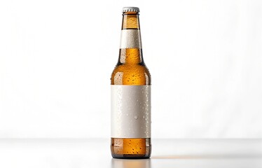 A high-quality mockup of a brown glass beer bottle covered in condensation, featuring a blank label. Ideal for branding, packaging design, and promotional marketing materials.