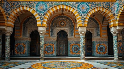 Obraz premium Ornate Moorish architecture courtyard, intricate tilework, sunny day, travel destination, cultural heritage