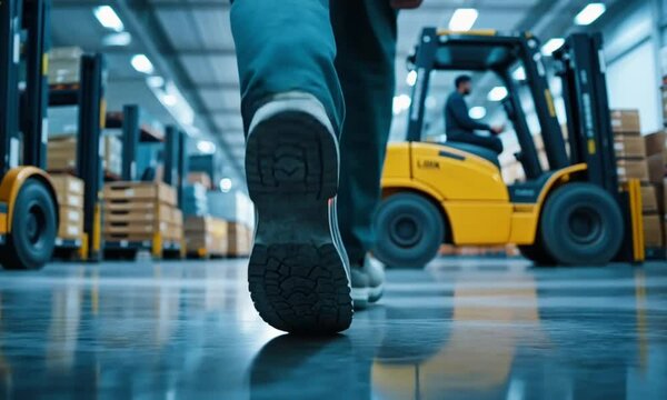 Warehouse Worker Walking Through Busy Logistics Center