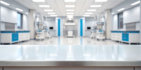 A sterile, brightly lit medical laboratory with a clean countertop in the foreground and high-tech equipment in the background. The modern clinical setting is designed for precision and efficiency.