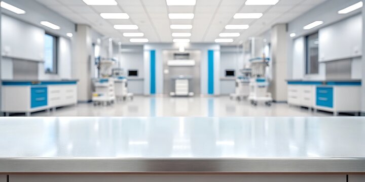 A sterile, brightly lit medical laboratory with a clean countertop in the foreground and high-tech equipment in the background. The modern clinical setting is designed for precision and efficiency.