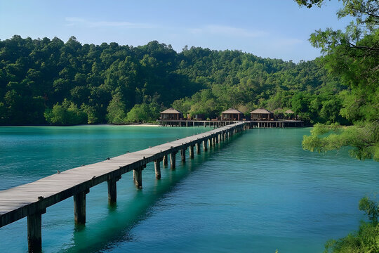 Fototapeta Wooden pier connecting luxury bungalows over tropical turquoise lagoon