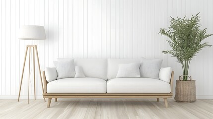 Fototapeta premium Cozy Scandinavian style living room featuring a white sofa a tall leafy plant and a sleek floor lamp The natural wooden flooring and blank wall create a warm and inviting ambiance