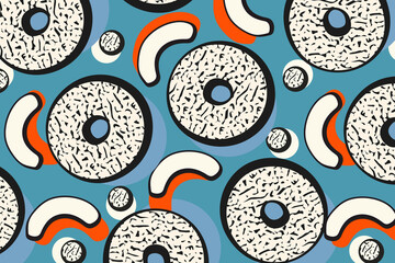 Fototapeta premium Donut memphis pattern background, blue abstract design