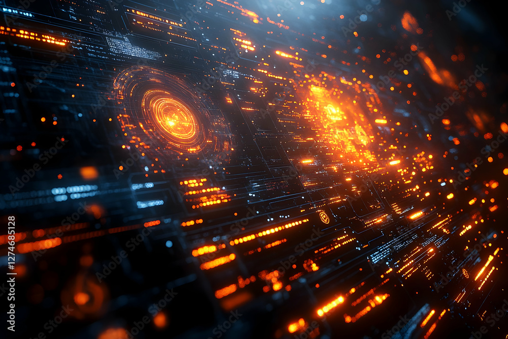 Poster futuristic digital interface with glowing data streams. abstract display. potential use technology b