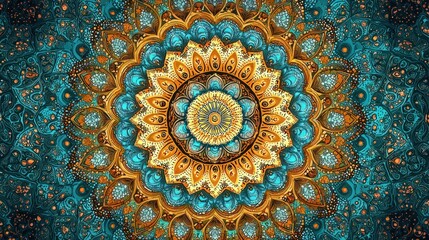 Teal and gold mandala art; intricate design; spiritual background; meditation, yoga, and design use