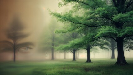 A mystical forest scene shrouded in mist with hidden face imagery.
