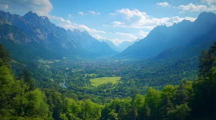 Fototapeta premium Majestic mountain landscape with valley and lush greenery under a bright blue sky in summer