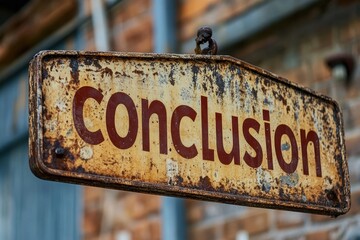 Rustic Weathered Sign with the Word "Conclusion" Hanging on a Brick Wall, Symbolizing the End or Finality in a Vintage Style Setting