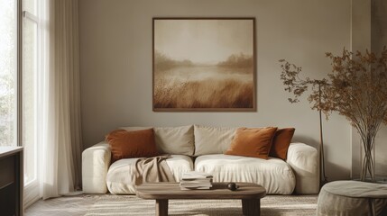 Fototapeta premium Cozy living room with neutral tones, rustic decor, and large framed landscape painting