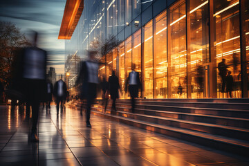 blurry moving people at sunset in front of an office building with tall glass windows