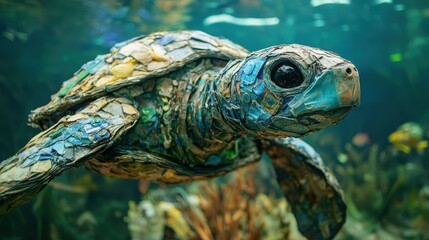 Fototapeta premium Colorful sea turtle swimming underwater in a vibrant ocean scene