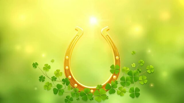 St. Patrick's day background. Green clover leaves and a horseshoe in a golden light. 