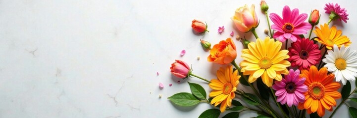 Colorful mixed flowers arrangement on white plate background , garden, floral, white background