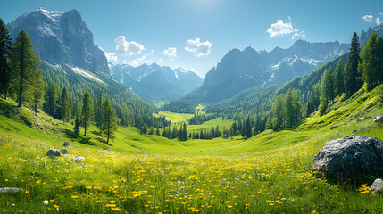 Breathtaking view of a vibrant valley surrounded by majestic mountains under a clear blue sky