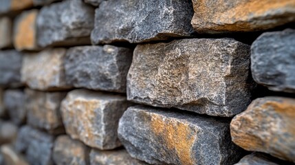 Fototapeta premium This image showcases a close-up of a meticulously arranged stone wall, exhibiting various shades of grey and brown hues, displaying the intricate textures and rugged surface of natural rock elements