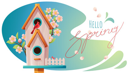 Hello Spring background. Spring season sale banner with birdhouse and cherry blossom branches. Vector illustration design for posters, banners, flyers, cards, cover, social media posts, promotions. © Berentina