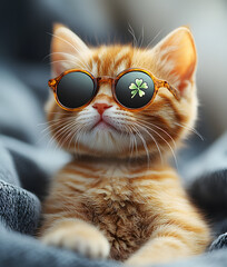 Naklejka premium Cute orange kitten wearing stylish sunglasses with a clover design relaxing indoors on a soft blanket