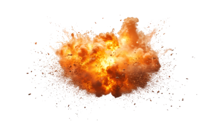 Massive fiery explosion erupting, scattering burning debris against transparent dark backdrop