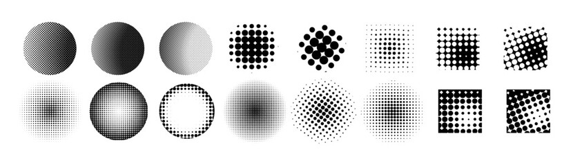 Halftone dot background set of round elements. hand drawing. Not AI, Vector illustration