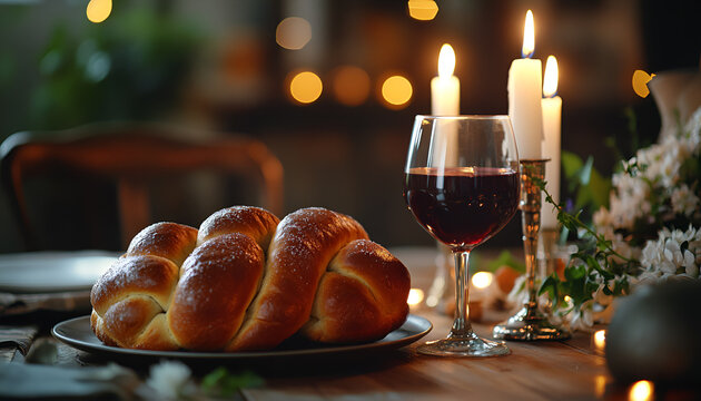 Shabbat or Shabath concept. Challah bread, shabbat wine and candles on table, copy space. Traditional Jewish Shabbat ritual