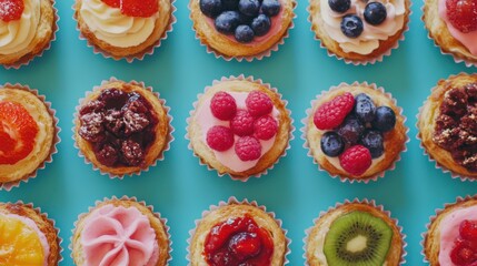 Colorful assortment of mini desserts topped with fresh fruits on a vibrant blue background