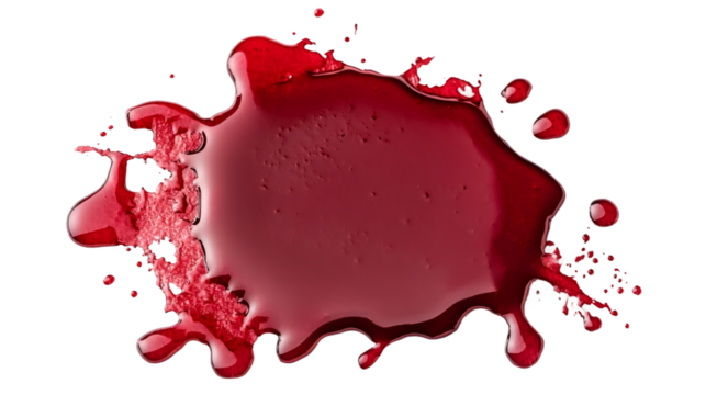 Large puddle of blood with splashes and droplets isolated on transparent background, ideal for Halloween or crime scene concepts